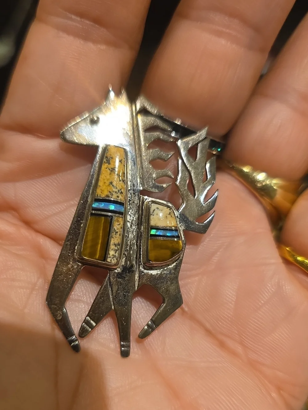 Sterling Silver Horse Brooch with Yellow and Blue Inlay
